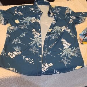 Teal Blue Tropical Print Button-Up Shirt